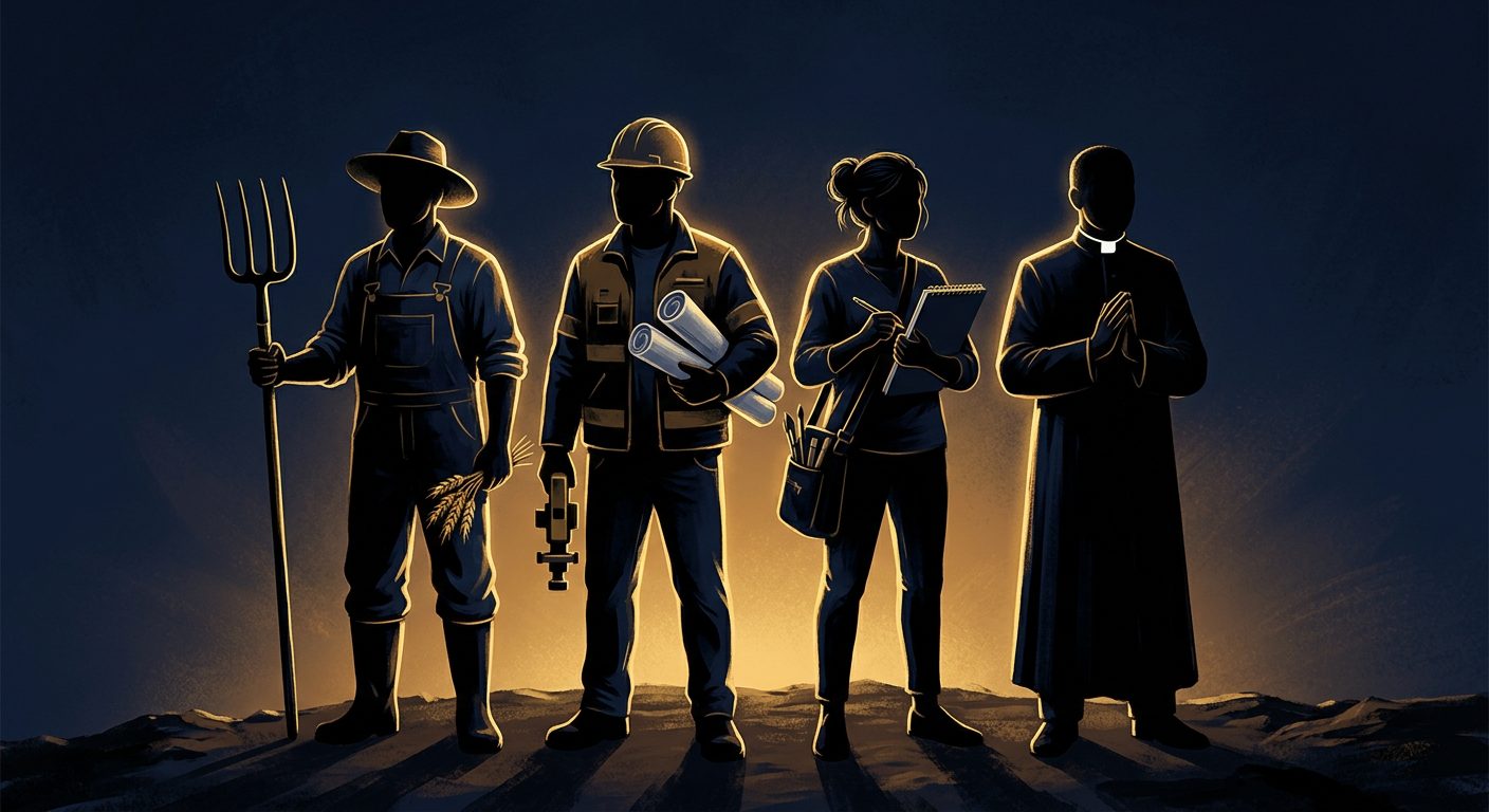 Illustration of silhouetted professionals — a farmer, an engineer, a designer and a pastor — standing together in unity