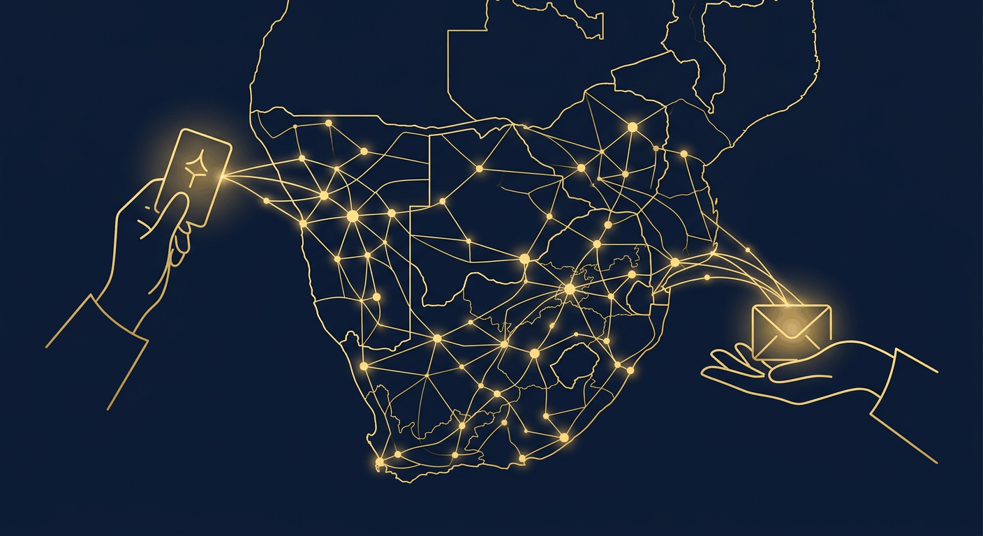 Line-art illustration of a hand raising a request that travels through a network of nodes across Southern Africa to a receiving hand